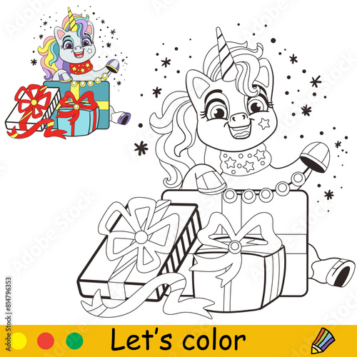 Kids coloring cute unicorn with gifts vector © alinart