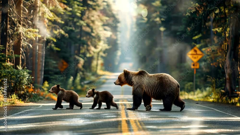 Forest Family Adventure: Mother Bear Guides Her Cub Across the Majestic Highway. Seamless looping time-lapse virtual 4k video animation background Forest Family Adventure: Mother Bear Guides Her Cub Across the Majestic Highway. Seamless looping time-lapse virtual 4k video animation background
