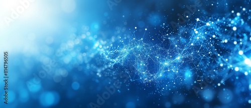 Abstrakter blauer Technologiehintergrund mit einem Cyber-Netzwerkraster und verbundenen Partikeln. Künstliche Neuronen, globale Datenverbindungen photo