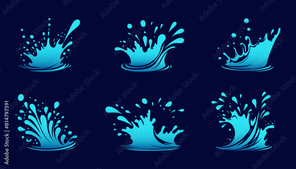 Set of water wave splashes, falling aqua drops, sea or ocean waves. Blue water motion effects shape isolated on background, vector cartoon set