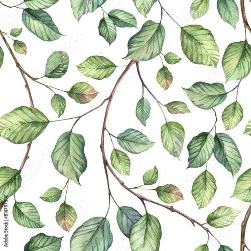 Square seamless pattern with ivy creeper plant. Watercolor hand painted green leaves background. Wallpapers and wrapping paper design