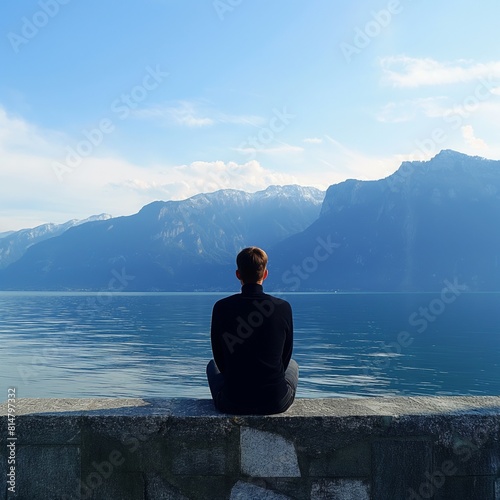 Young man sitting on stone wall overlooking calm lake mountains in Switzerland