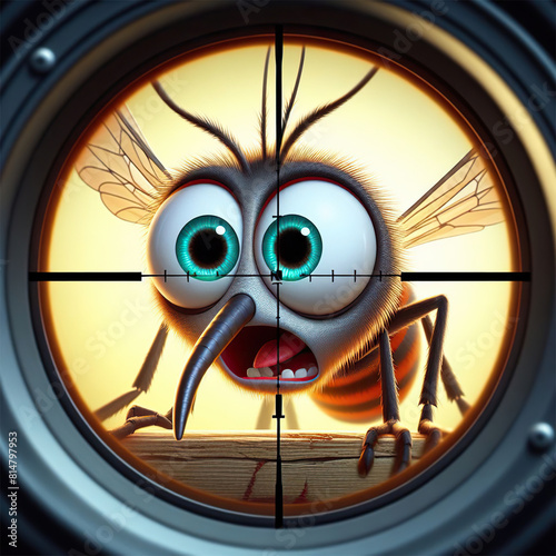 Targeting on mosquito in the center of a sniper scope. Exterminating mosquitoes concept.