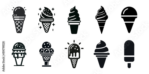 Ice cream black silhouette icons set on white background. Vector elements for minimal summer design, sweet snack illustration or logo.