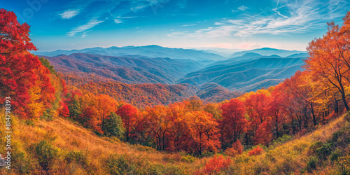 A panoramic view of a vibrant autumn forest with colorful foliage, showcasing the majestic beauty of a mountainous landscape under a clear blue sky, evoking a sense of peace and natural wonder