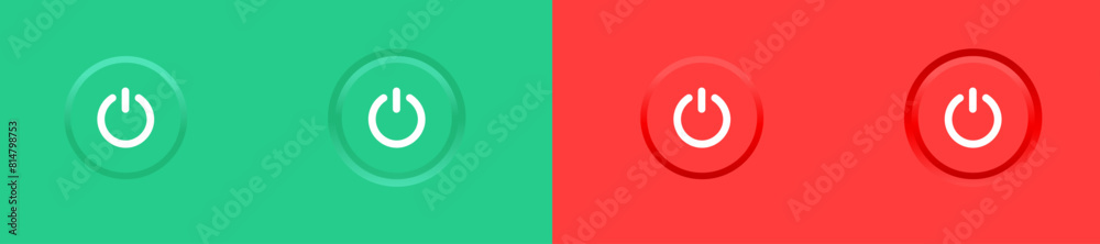 Power button icon in red and green neomorphism buttons form background, press start button, turn off power icons on green and red background Power button icon in red and green neomorphism buttons form background, press start button, turn off power icons on green and red background