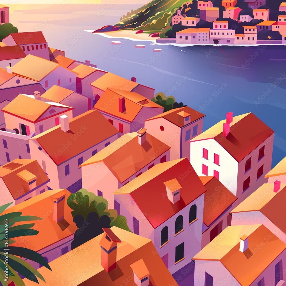 Sunset Over Mediterranean Coastal Town with White Houses