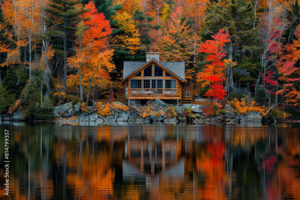 A tranquil lakeside cabin nestled amidst a forest of vibrant autumn foliage, with trees ablaze in hues of red, orange, and gold, reflecting in the calm waters of the lake. A tranquil lakeside cabin nestled amidst a forest of vibrant autumn foliage, with trees ablaze in hues of red, orange, and gold, reflecting in the calm waters of the lake.