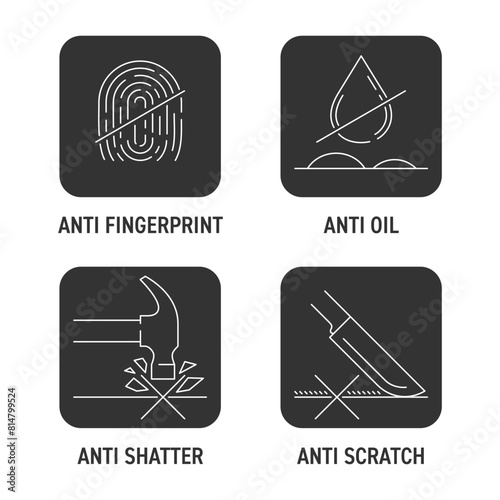 Anti-fingerprint, Anti-oil, Anti shatter, scratch