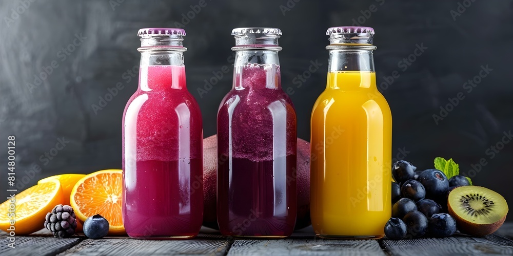 Assorted fresh fruit juices in four glass bottles on a neutral background. Concept Fruit Juices, Glass Bottles, Fresh, Assorted, Neutral Background Assorted fresh fruit juices in four glass bottles on a neutral background. Concept Fruit Juices, Glass Bottles, Fresh, Assorted, Neutral Background