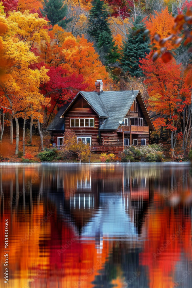 A tranquil lakeside cabin nestled amidst a forest of vibrant autumn foliage, with trees ablaze in hues of red, orange, and gold, reflecting in the calm waters of the lake. A tranquil lakeside cabin nestled amidst a forest of vibrant autumn foliage, with trees ablaze in hues of red, orange, and gold, reflecting in the calm waters of the lake.