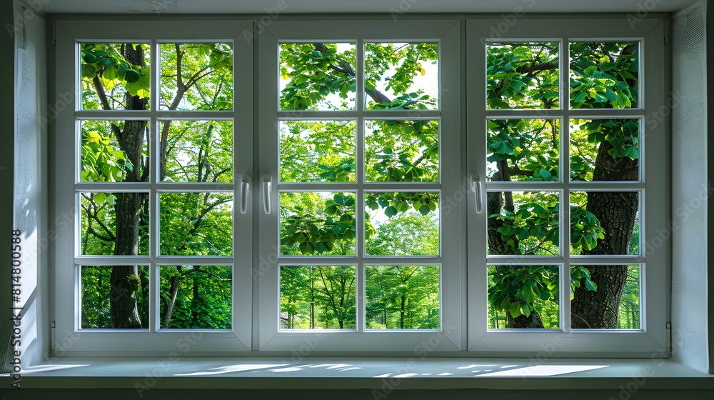 White plastic window with green trees outside. A green spring or summer nature view through the white glass windows of a modern house.
White plastic window with green trees outside. A green spring or summer nature view through the white glass windows of a modern house.