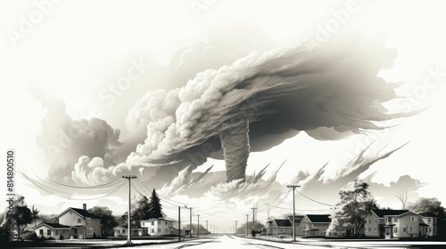 Tornado flat design front view cityscape theme cartoon drawing black and white photo