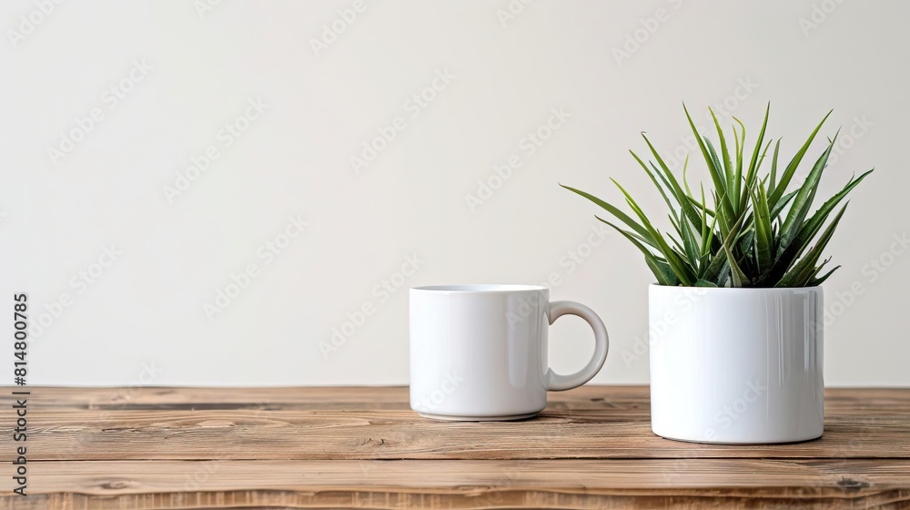 a white mug, on a wooden cafe table, against a white background, with a potted plant a white mug, on a wooden cafe table, against a white background, with a potted plant