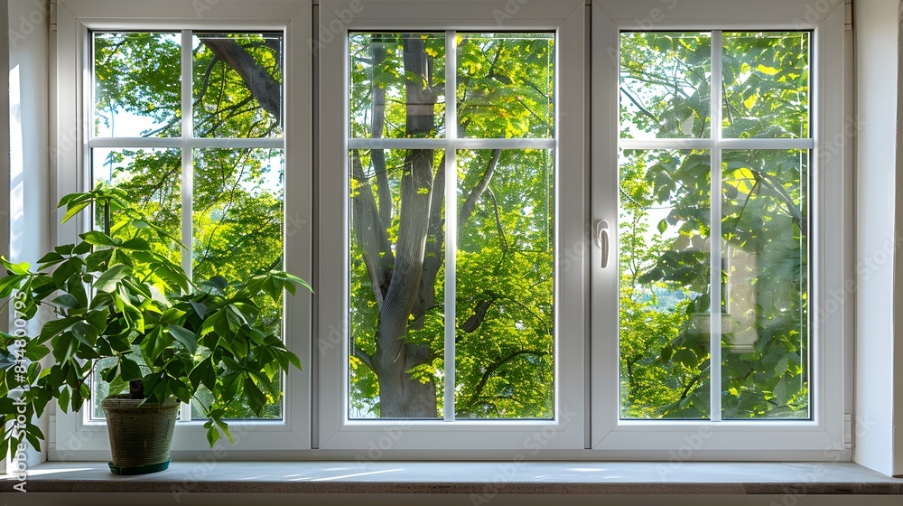 White plastic window with green trees outside. A green spring or summer nature view through the white glass windows of a modern house.
White plastic window with green trees outside. A green spring or summer nature view through the white glass windows of a modern house.