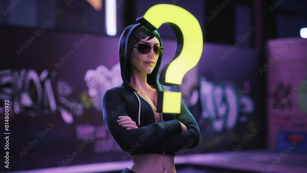Question Mark in Urban Style: Mysterious Girl in Hoodie and Sunglasses Question Mark in Urban Style: Mysterious Girl in Hoodie and Sunglasses