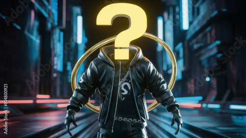 Question mark in a ring above headless cyberpunk character