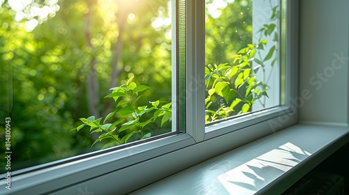 White plastic window with green trees outside. A green spring or summer nature view through the white glass windows of a modern house. 