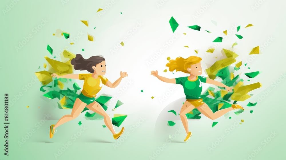 Two girls running in a green and yellow background. The girls are smiling and running towards each other. Children practicing relay races flat design top view passing the baton water color