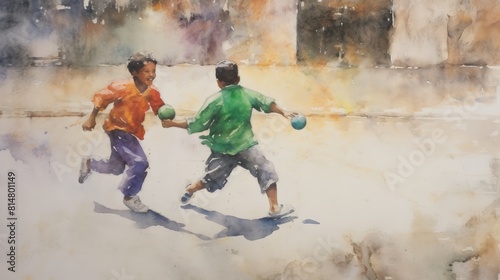 Two children playing with a ball. One is wearing green shirt. Scene is playful and fun. Children practicing relay races flat design top view passing baton water color split-complementary color scheme photo