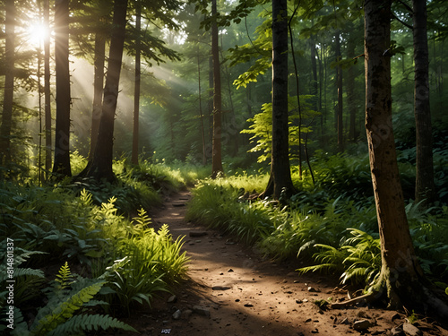 A lush forest trail on a warm summer morning  with sunlight streaming through the trees.