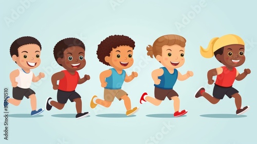 A group of children are running in a race. They are all smiling and seem to be enjoying themselves. Children running in a race flat design top view competition animation vivid Free space