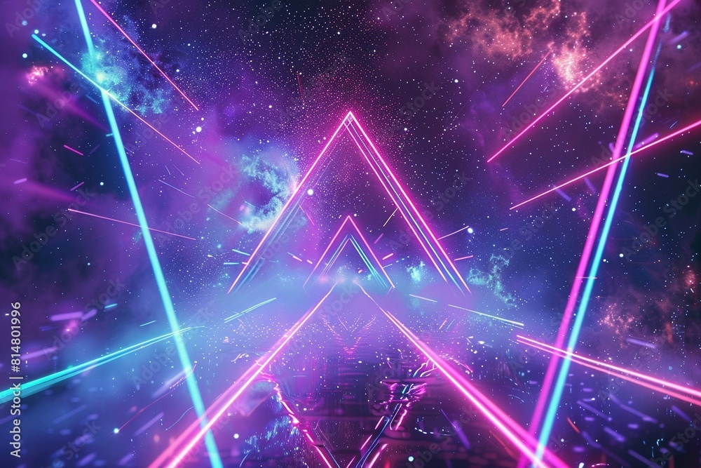 Vaporwave, retrofuturistic background with neon triangular shapes and lasers in space. Glowing lines create an atmosphere of digitality and futuristic aesthetics. Vaporwave, retrofuturistic background with neon triangular shapes and lasers in space. Glowing lines create an atmosphere of digitality and futuristic aesthetics.