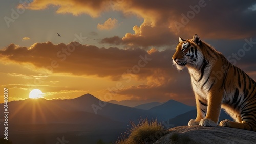 a tiger standing in a peek of the mountain and watching the sun go down. 2 birds fly across the sun photo