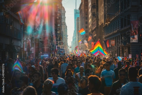The vibrant energy of the Pride celebration filled the air as the crowd danced joyously through the streets, a colorful procession of love and acceptance weaving through the heart of the community photo