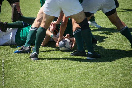 Canvas Print Group of men playing rugby on grass field, tackling and passing ball in action-packed match
