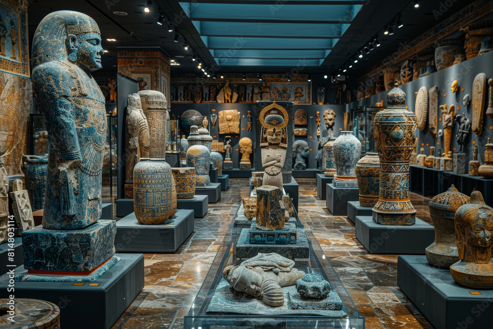 Fototapeta premium A museum exhibition showcasing timeless artifacts and artworks that offer glimpses into history and human creativity. Concept of cultural heritage and historical preservation. Generative Ai.