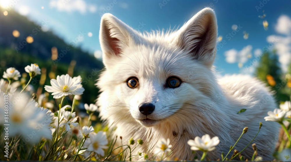 Snow fox camouflaged among blooming wildflowers. Snow fox camouflaged among blooming wildflowers.
