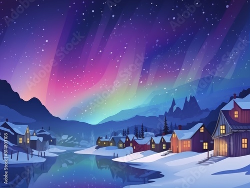Aurora borealis above arctic village  Vivid auroras paint sky above snow-covered village  as illuminated homes reflect in tranquil waters under starlit night  creating surreal.