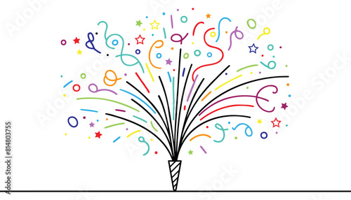 confetti party popper icon, fireworks logo, flat design. Firecracker for the holiday. Continuous one line drawing.