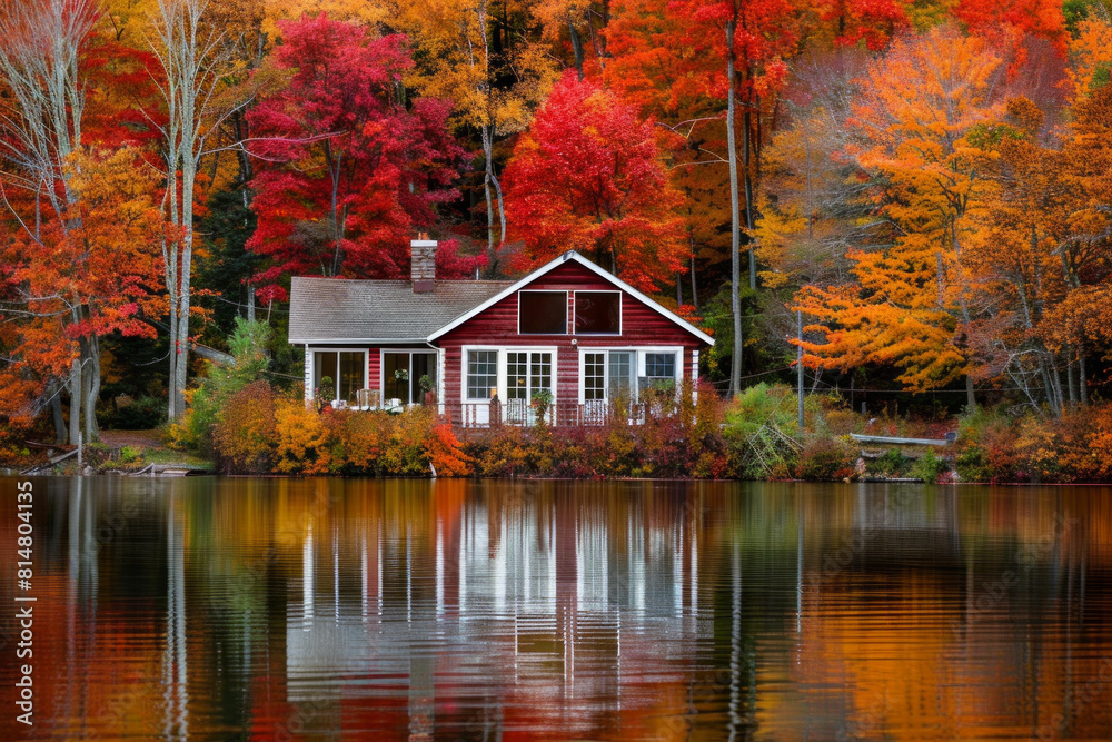 A tranquil lakeside cabin nestled amidst a forest of vibrant autumn foliage, with trees ablaze in hues of red, orange, and gold, reflecting in the calm waters of the lake. A tranquil lakeside cabin nestled amidst a forest of vibrant autumn foliage, with trees ablaze in hues of red, orange, and gold, reflecting in the calm waters of the lake.