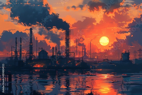 Technological production scene at sunrise, depicting a bustling factory with vivid environmental aesthetics