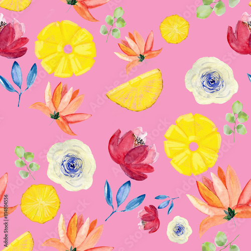 Fruits and flowers. Hand drawn watercolor seamless pattern.  © Olesia La