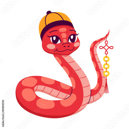 Snake showing feng shui coins to with good luck 2D cartoon character. Chinese New year holiday isolated vector animal white background