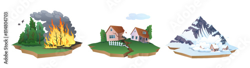 Wildfire, earthquake and avalanche accidents 2D cartoon objects set. Natural disasters risks prevention isolated vector scenes white background