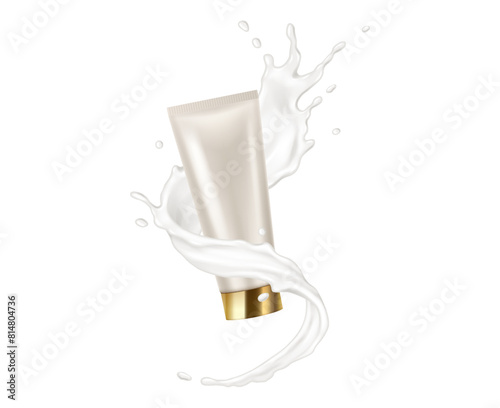 Blank tube in creamy swirl realistic vector illustration. Moisturizing product. Anti-aging care advertisement 3d objects on white background