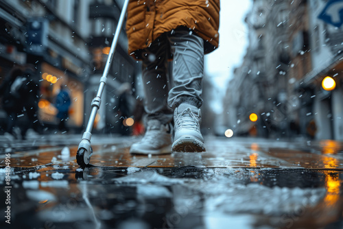 An individual with visual impairment using a white cane to navigate their surroundings safely. Concept of visual impairment and mobility aid. Generative Ai. © Sebastian