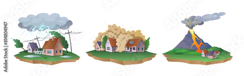 Storm, dust cloud and volcano eruption accidents 2D cartoon objects set. Dangerous natural disasters isolated vector scenes white background