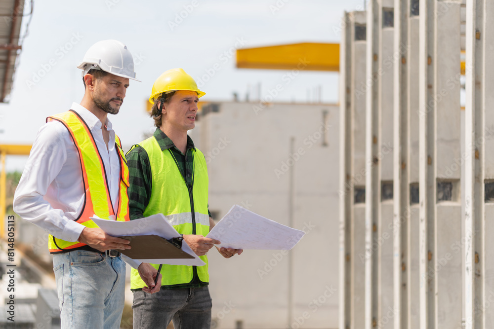 Engineer and foreman worker team inspect the construction site, Site manager and builder on construction site