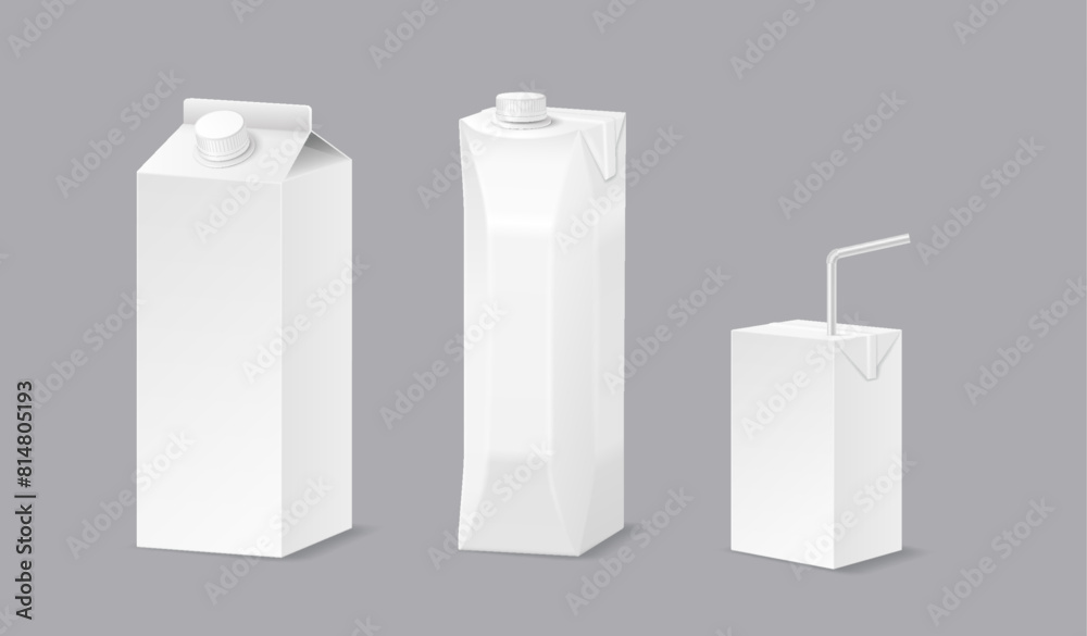 Blank drink packs of different sizes realistic vector illustration set. Liquid products recyclable packaging 3d objects on grey background Blank drink packs of different sizes realistic vector illustration set. Liquid products recyclable packaging 3d objects on grey background