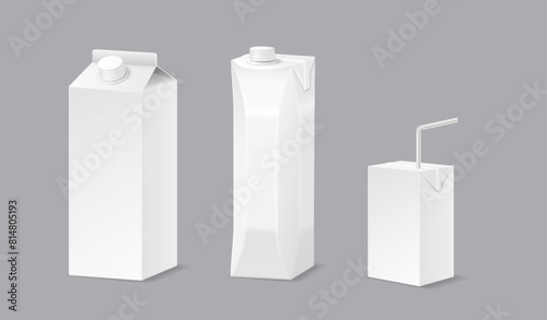 Blank drink packs of different sizes realistic vector illustration set. Liquid products recyclable packaging 3d objects on grey background