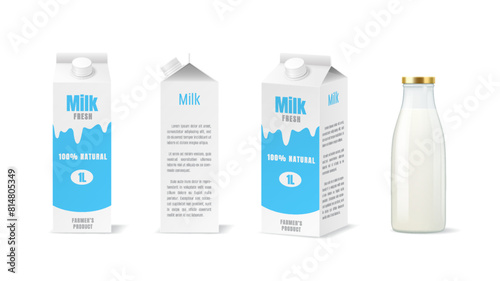 Milk packed in carton boxes and glass bottle realistic vector illustration set. Dairy product mockup containers 3d objects on white background