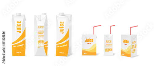 Fruit juice packaging variations realistic vector illustration set. Cardboard boxes of drink design template 3d objects on white background