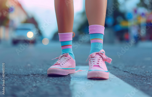 young woman's legs with pastel pink sneakers and colorful striped socks on a city street