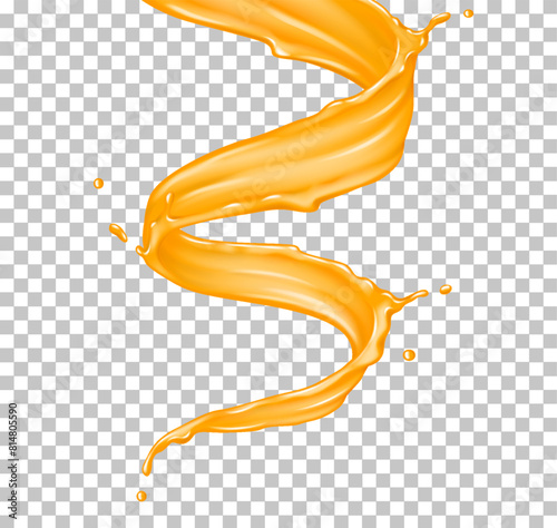 Organic juice twisting flow realistic vector illustration. Refreshing liquid. Orange drink swirl motion 3d object on transparent background