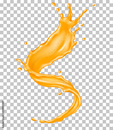 Organic juice twisting flow realistic vector illustration. Refreshing liquid. Orange drink swirl motion 3d object on transparent background